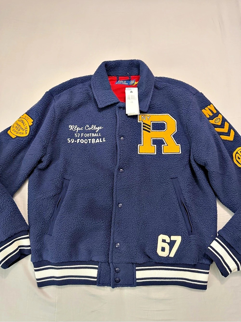 Polo Ralph Lauren Varsity Fleece Jacket Blue Large NWT Mens Size Large $450